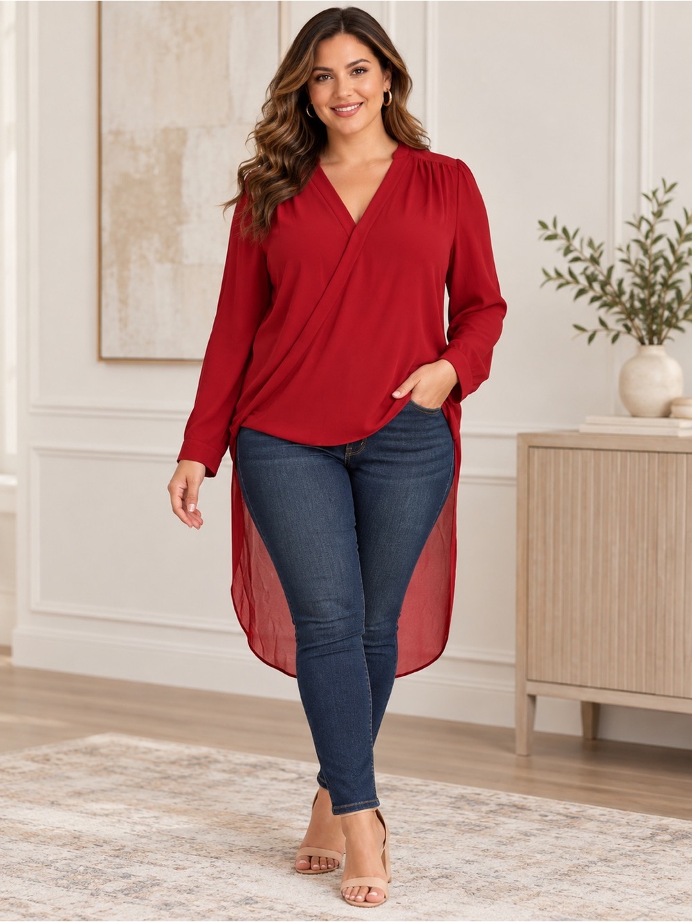 Laundry by Shelli Segal Red High Low Tunic Blouse Size 14 Wrap Front